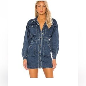 Free People Dark Wash Denim Long Sleeve Botton-Front Mini Dress  size XS